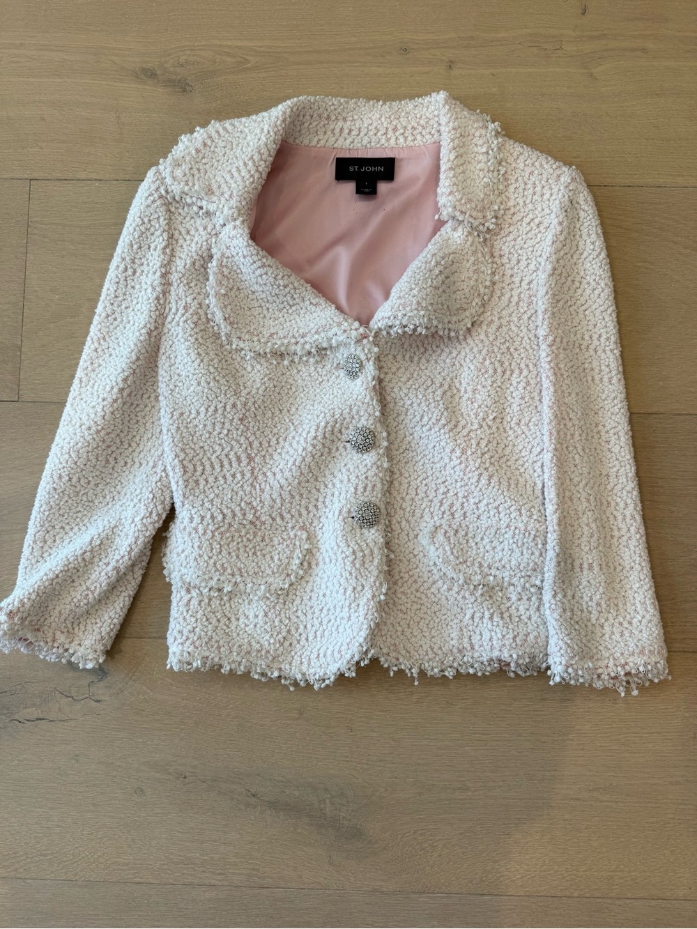 St. John Soft Cream Bouclé Blazer with Pink Lining and Sparkle Buttons